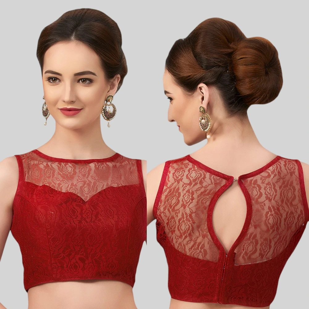 Maroon Net High Neck Sleeveless Ready-to-Wear Blouse