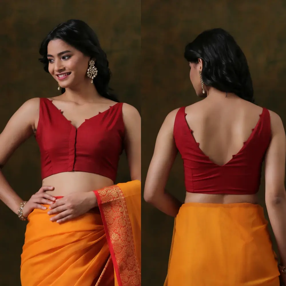 Maroon Silk Blend V-neck Designer Sleeveless Blouse