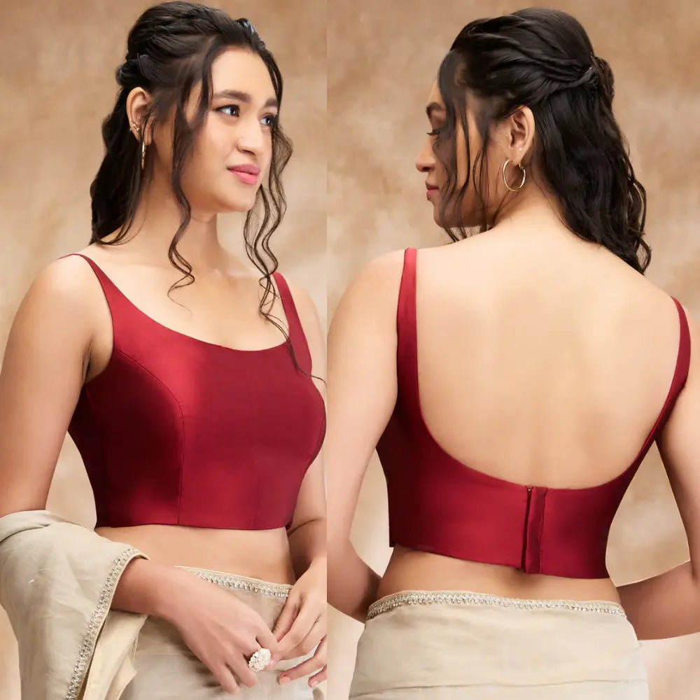 Maroon Taffeta Round Neck Party Wear Sleeveless Blouse