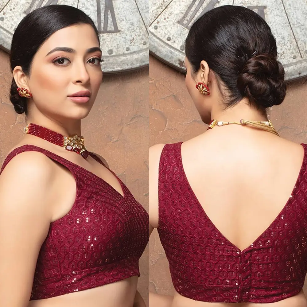 Maroon Dupion Silk Sequin V-neck Party Wear Sleeveless Blouse