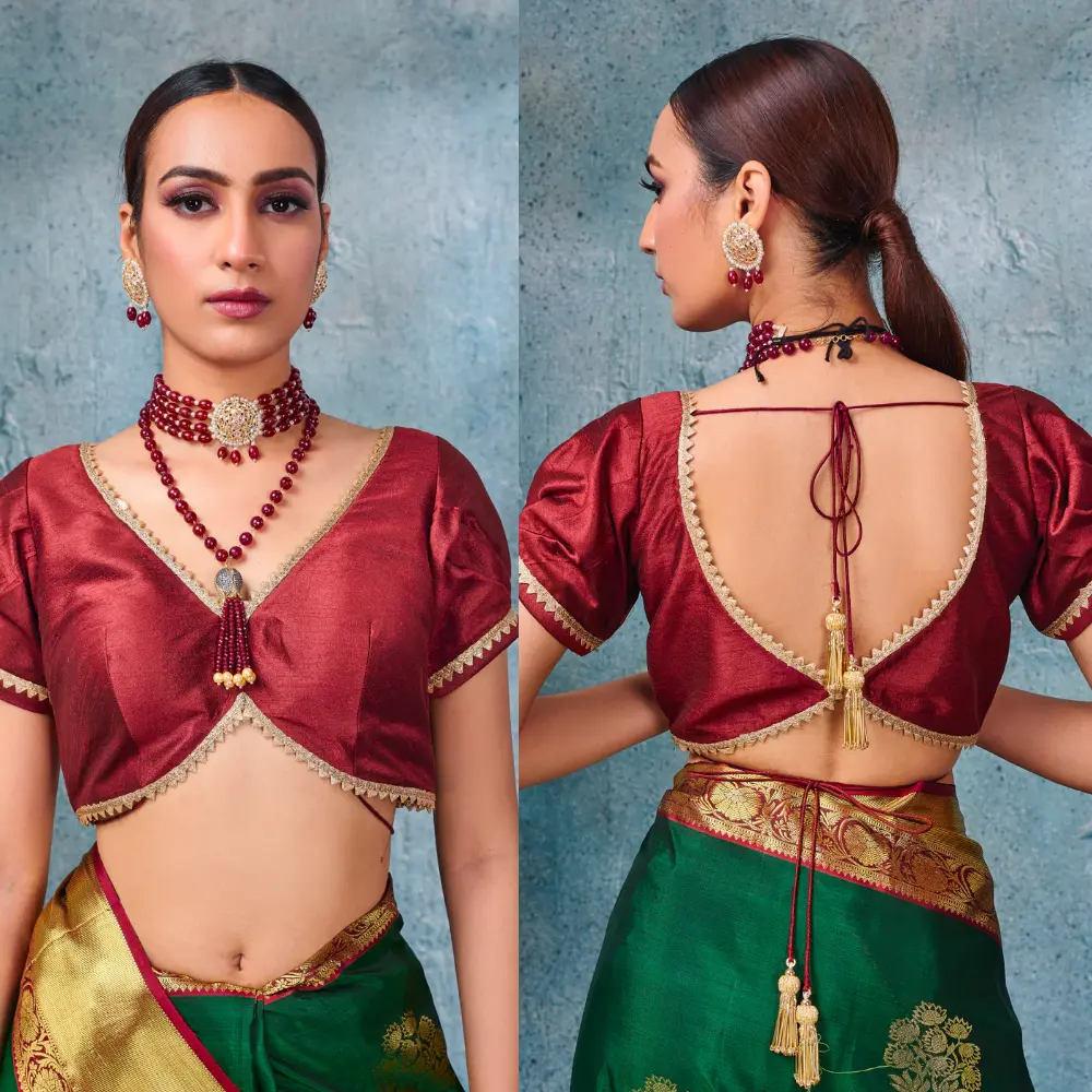 Maroon Silk Puff Sleeve Zari Border Designer Blouse