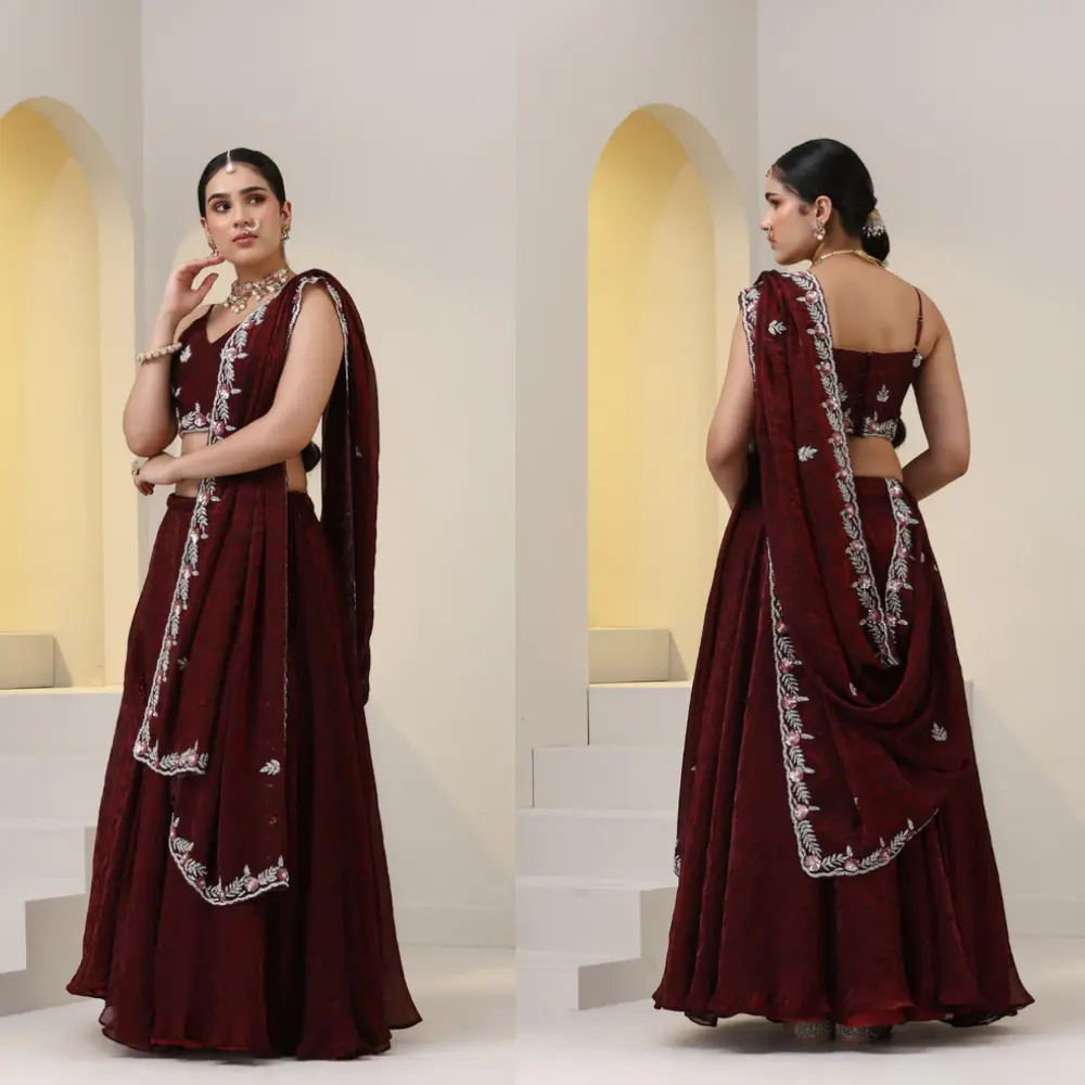  Maroon Chiffon Paisley Lehenga | Cutdana Embroidered Designer Wedding Set