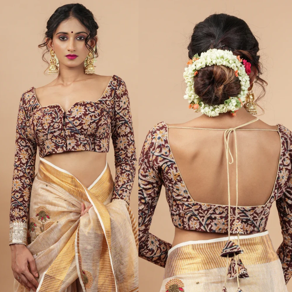 Kalamkari Block Print Full Sleeve Designer Tasseled Blouse