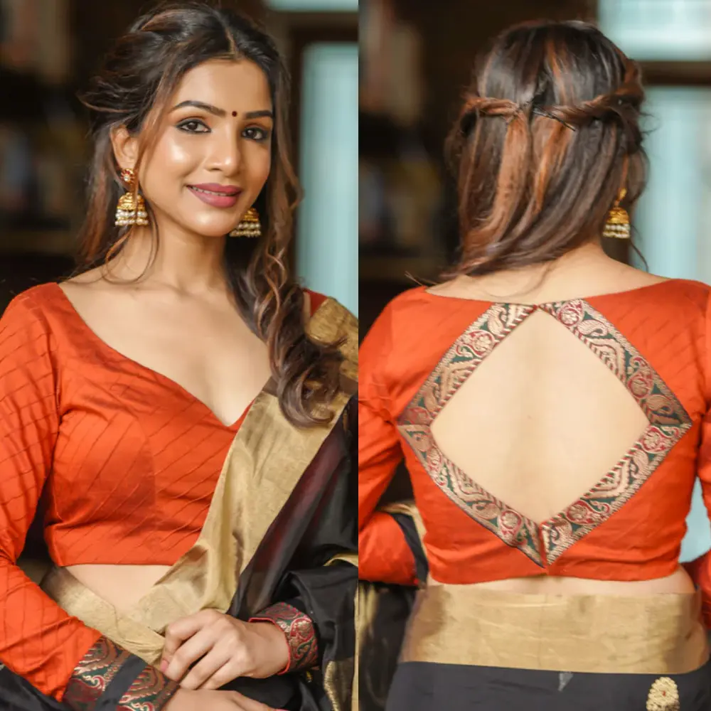 Rust Orange Cotton Silk Sweetheart Neck Pintuck Blouse