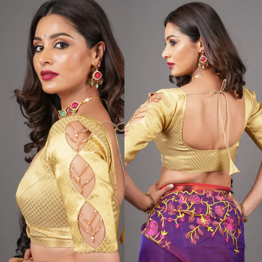 Designer Gold Brocade Crystal U-neck Party Wear Blouse