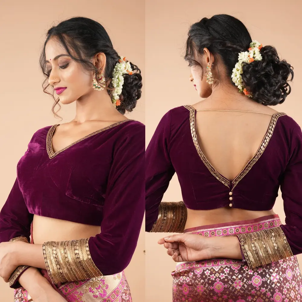 Burgundy Velvet V-neck Sequin Designer Party Wear Blouse