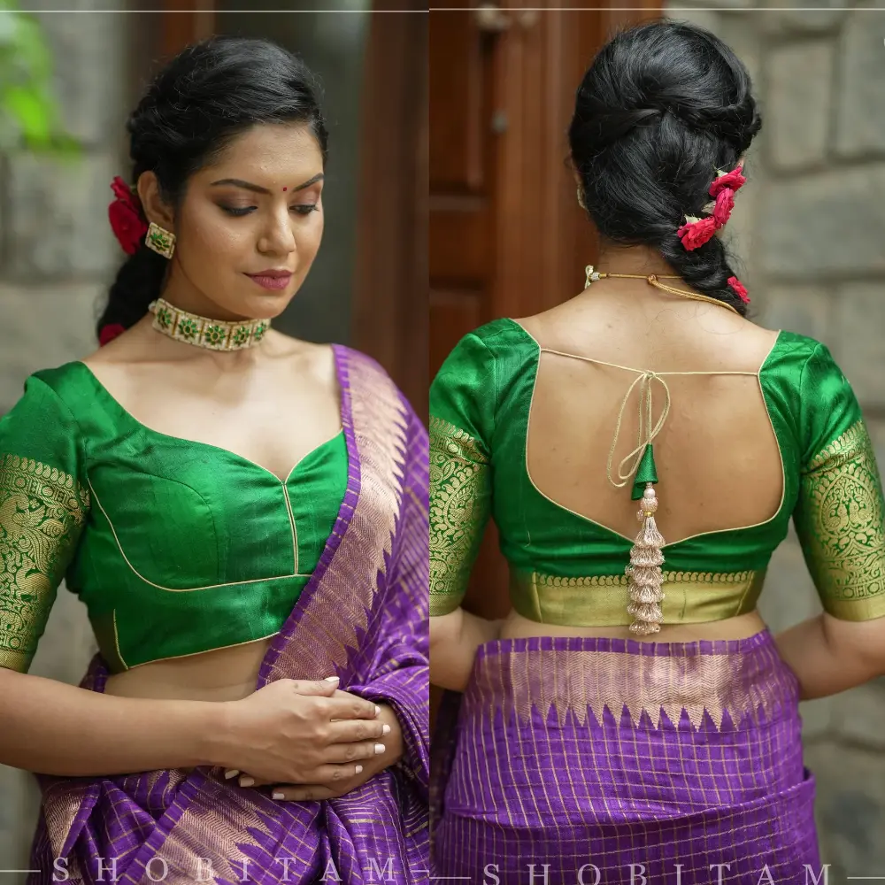 Green Raw Silk Zari Border Designer Choli Cut Blouse