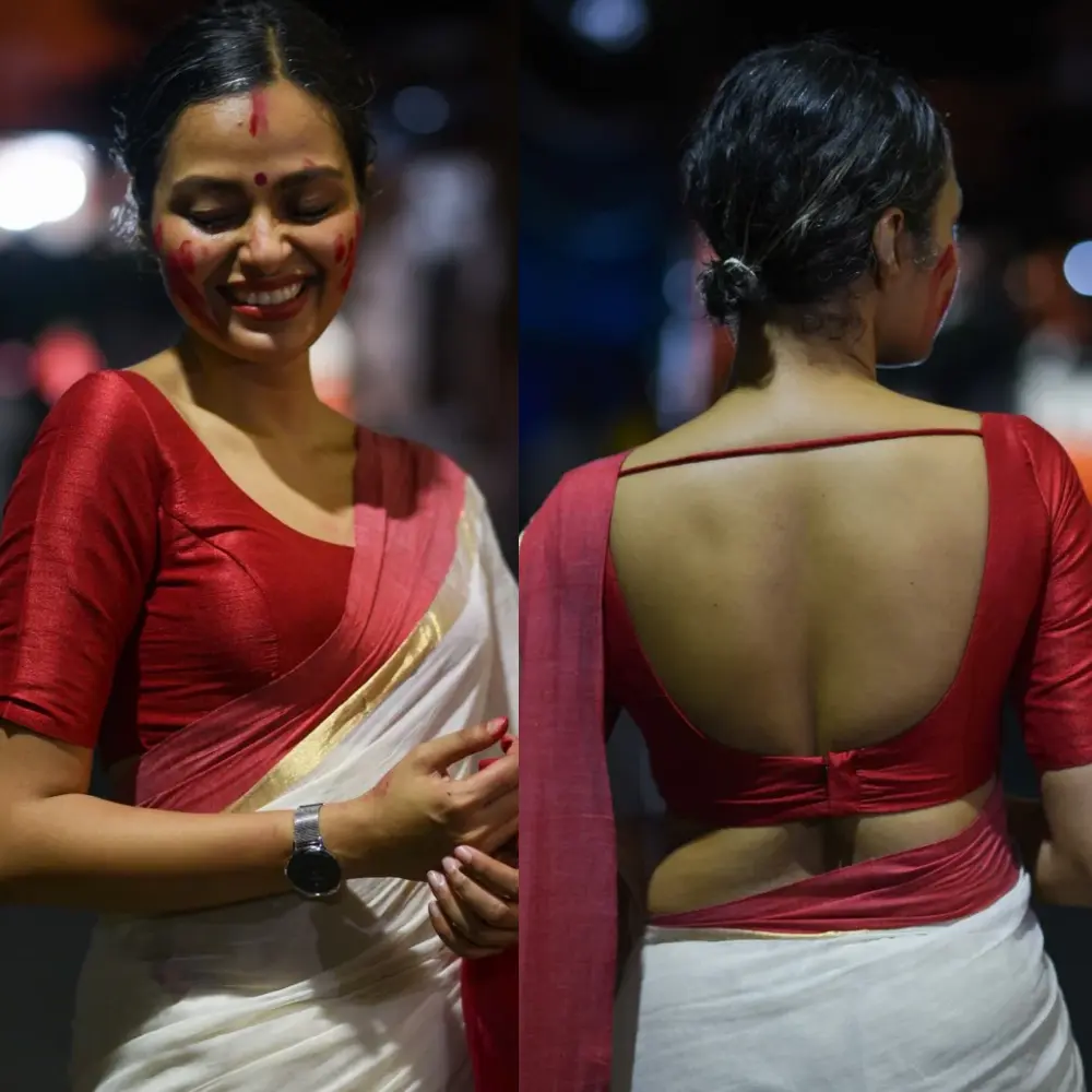 Red Art Silk Round Neck Ready-to-Wear Summer Blouse