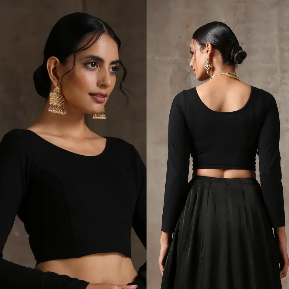 Black Cotton Spandex Long Sleeve Stretchable Blouse