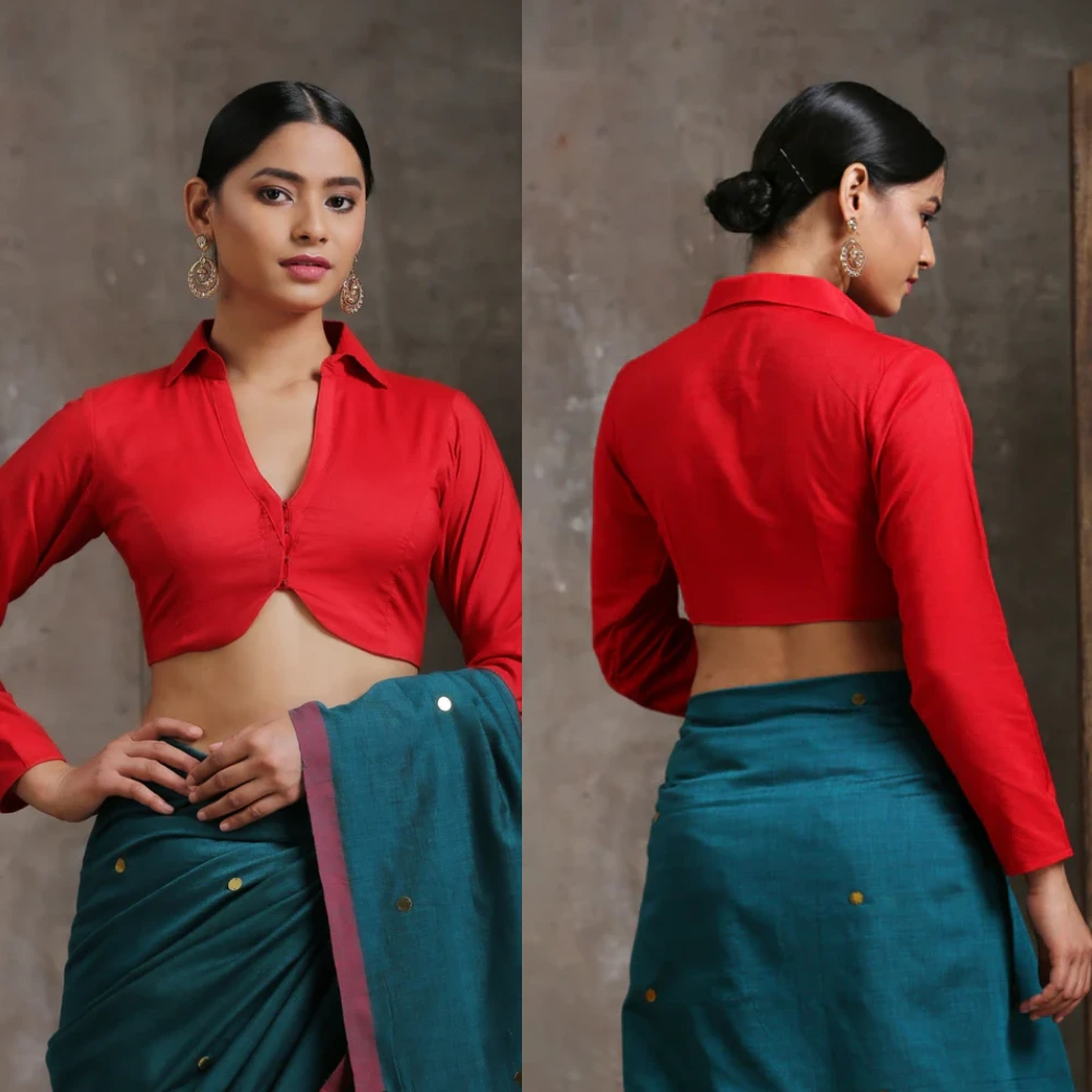 Red Viscose Long Sleeve V-neck Curved Hem Blouse