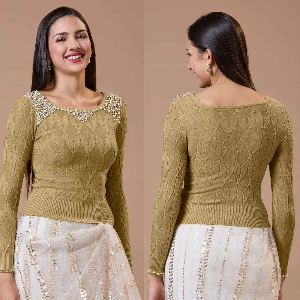 Beige Woolen Embroidered Winter Full Sleeve Ready-to-Wear Blouse