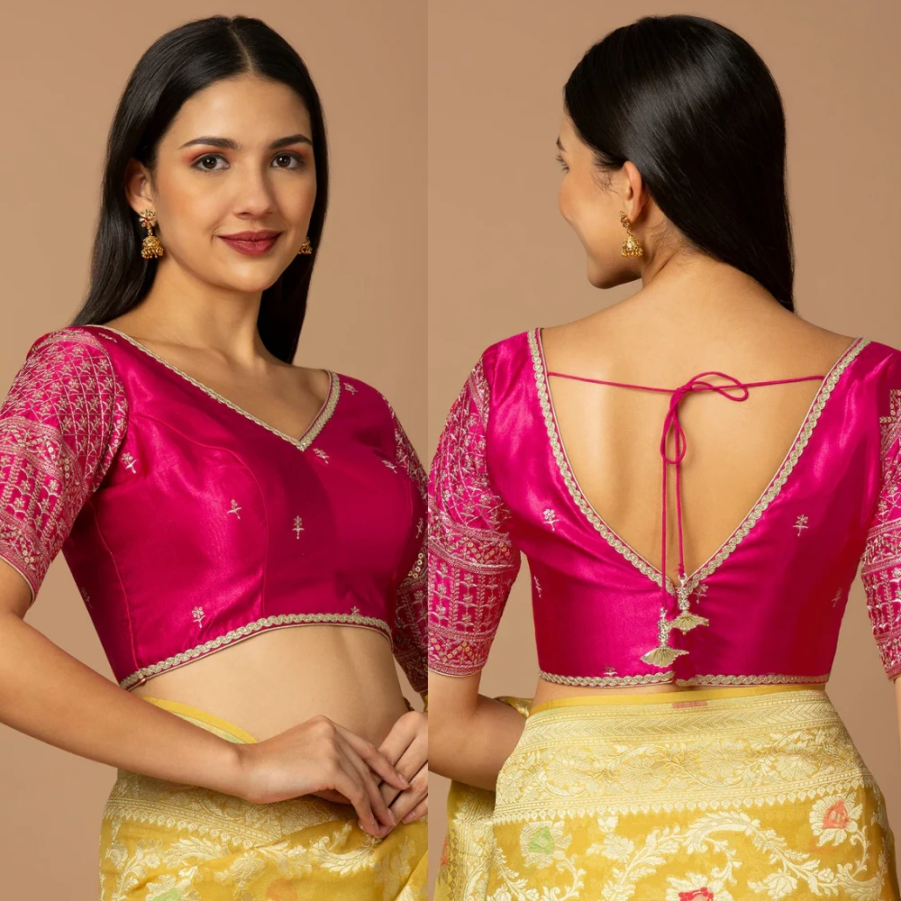 Pink Silk Embroidered V-neck Ready-to-Wear Elbow Sleeve Blouse