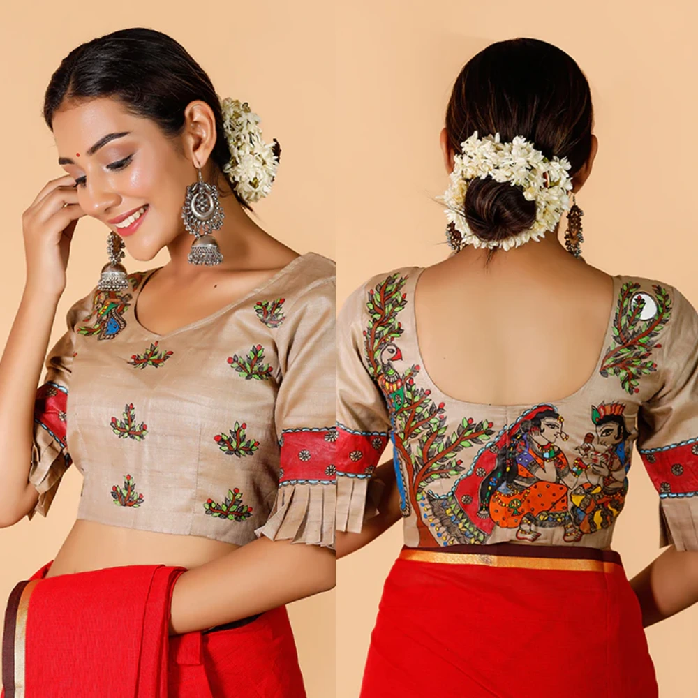  Handpainted Madhubani Tussar Silk Designer Radha Krishna Blouse