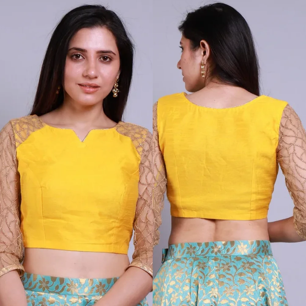 Yellow Beige Dupion Silk Designer Embroidered Sleeve Blouse