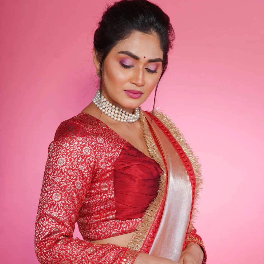 Maroon Brocade Deep V-neck Full Sleeve Designer Blouse