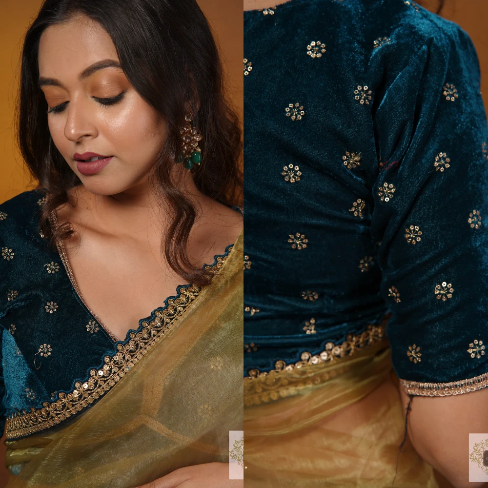  Teal Velvet V-neck Elbow Length Party Wear Blouse