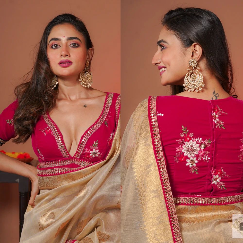 Rani Pink Velvet Plunging Neck Designer Party Wear Blouse