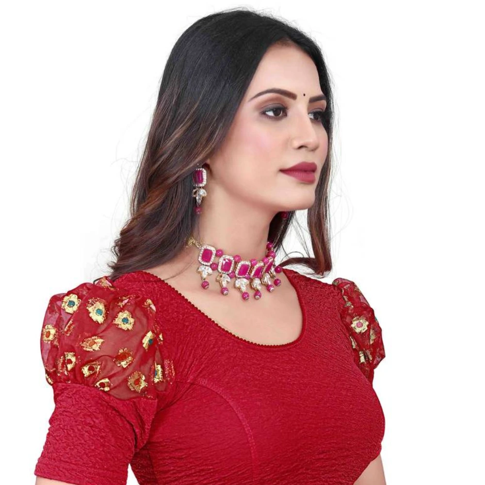 Red Cotton Lycra Net Balloon Sleeve 