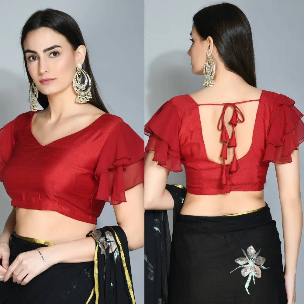 Maroon Ruffle Sleeve Sweetheart Blouse