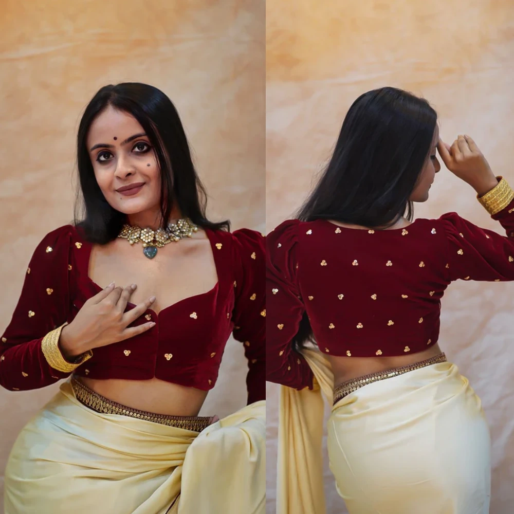  Sparkling Maroon Sequin Designer Blouse