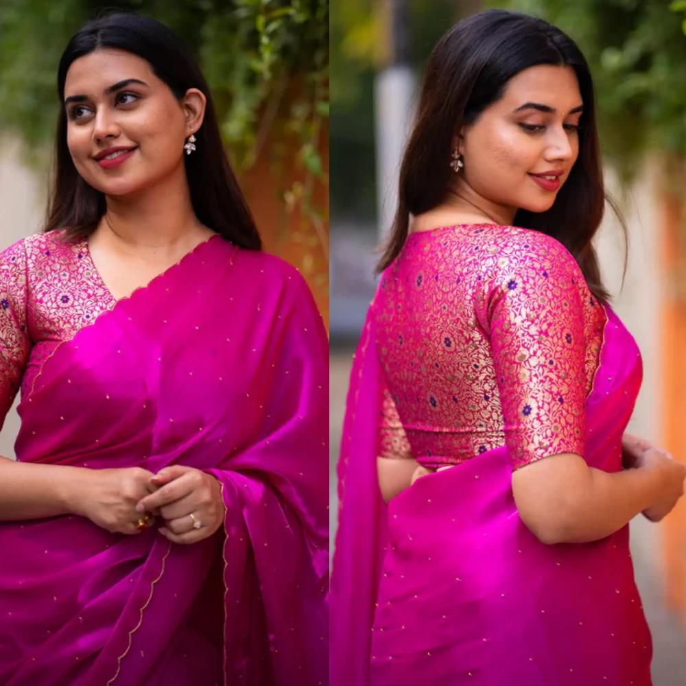 Rani Pink Banarasi Silk V-Neck Blouse