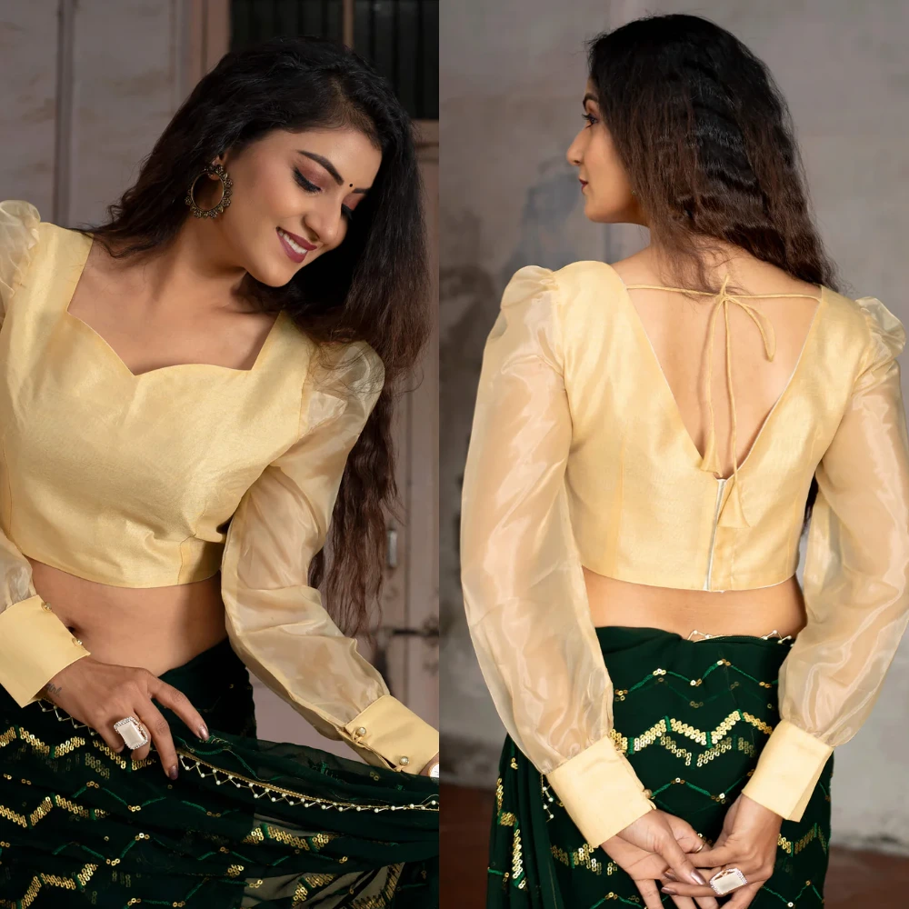 Beige Organza Sweetheart Neck Cuff Button Sleeve Blouse