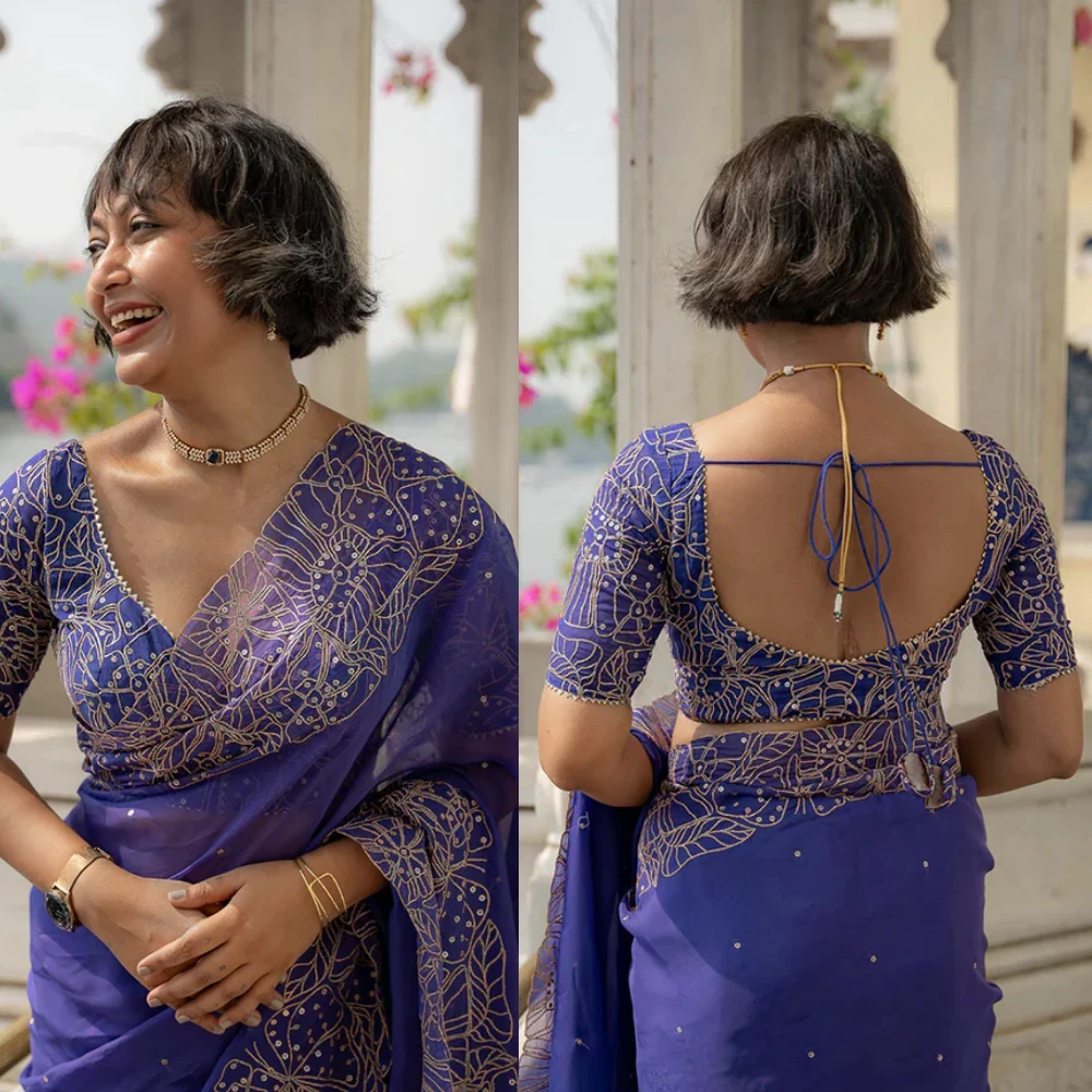 Violet Embroidered Butterfly Sequin Dome Neck Organza Blouse