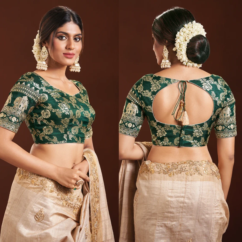 Green Elephant Motif Silk Organza Bridal Designer Blouse
