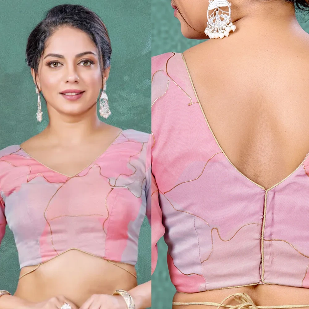 Pink Floral Digital Print Organza Designer Party Blouse