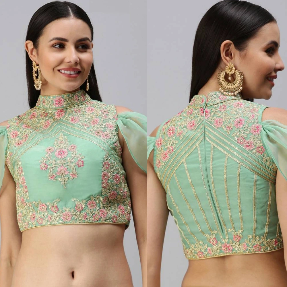 Turquoise Embroidered Padded Organza Ready To Wear Blouse