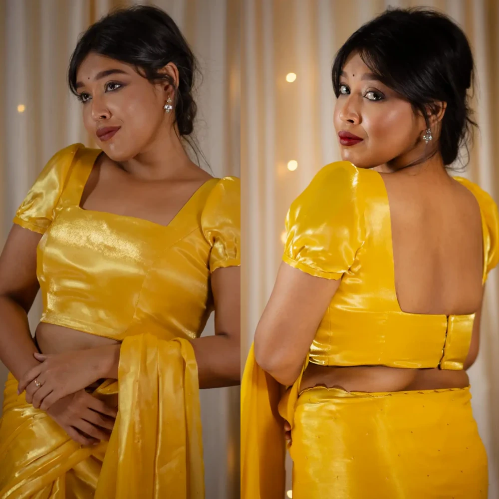 Yellow Square Neck Puff Sleeve Organza Designer Blouse