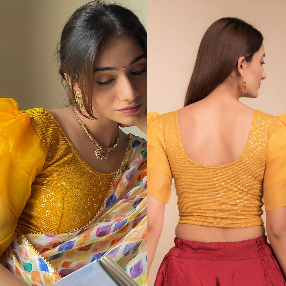 Gold Floral Ruffle Sleeve Organza Multi Layer Blouse