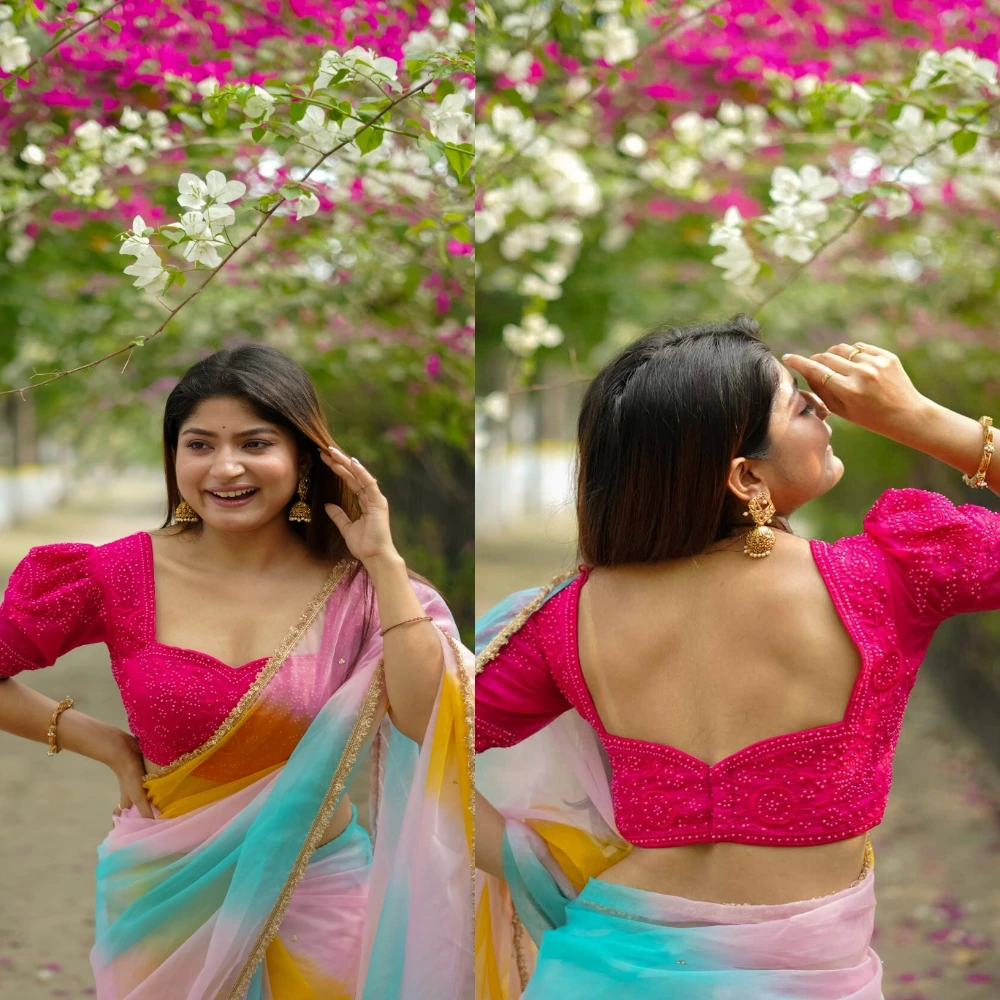 Pink Pearl Embroidered Organza Puff Sleeve Bridal Blouse