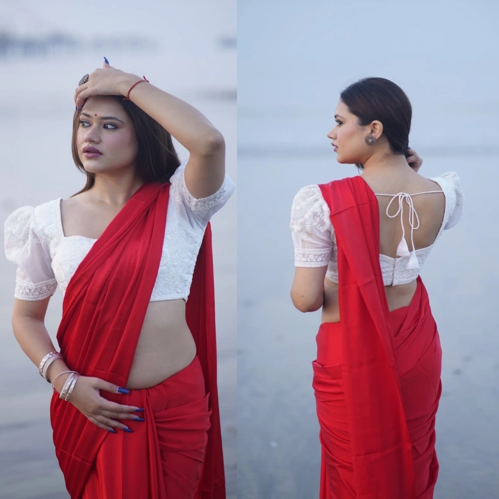 White Pearl Embellished Organza Puff Sleeve Bridal Blouse