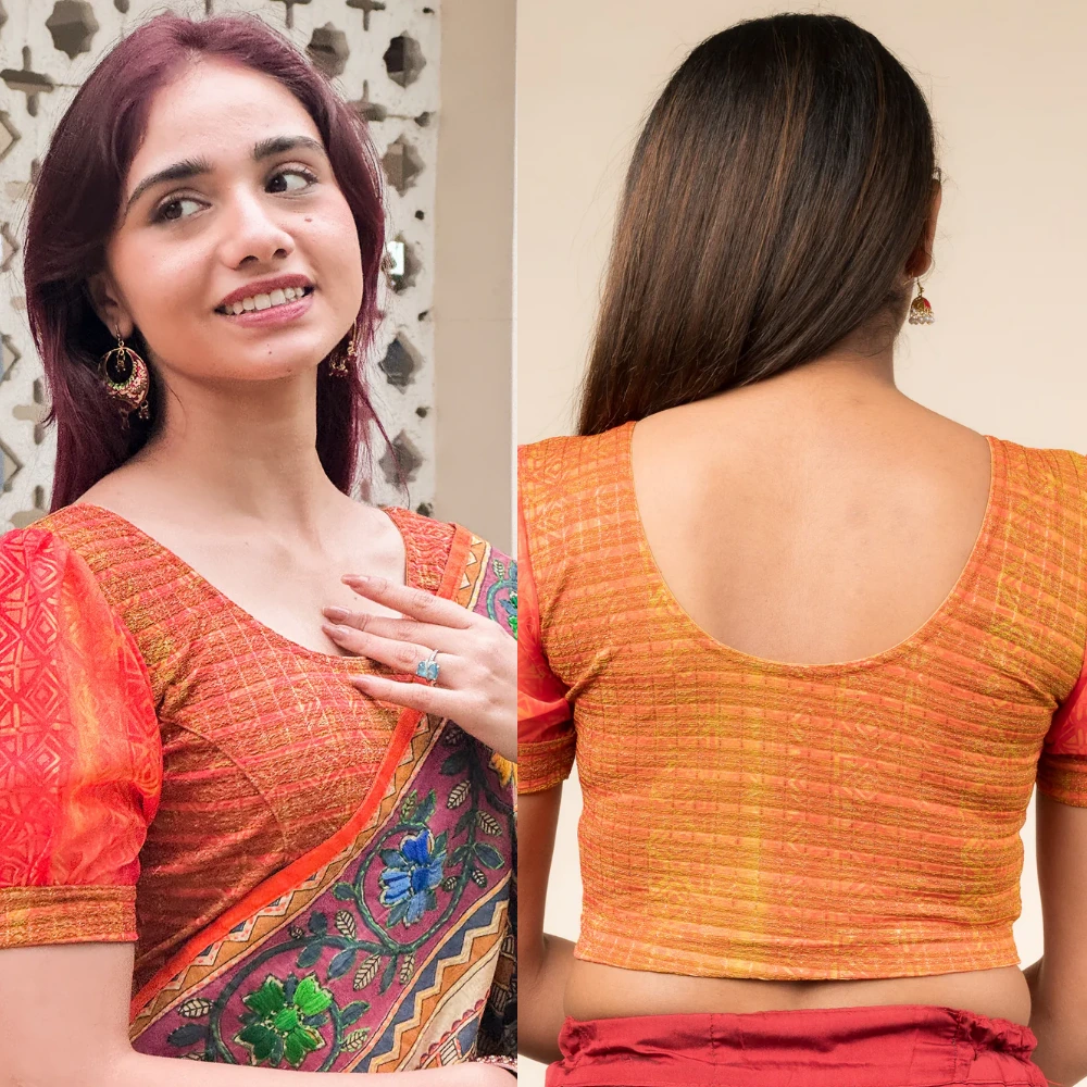 Multicolor Metallic Print Organza Puff Sleeve Stretchable Blouse