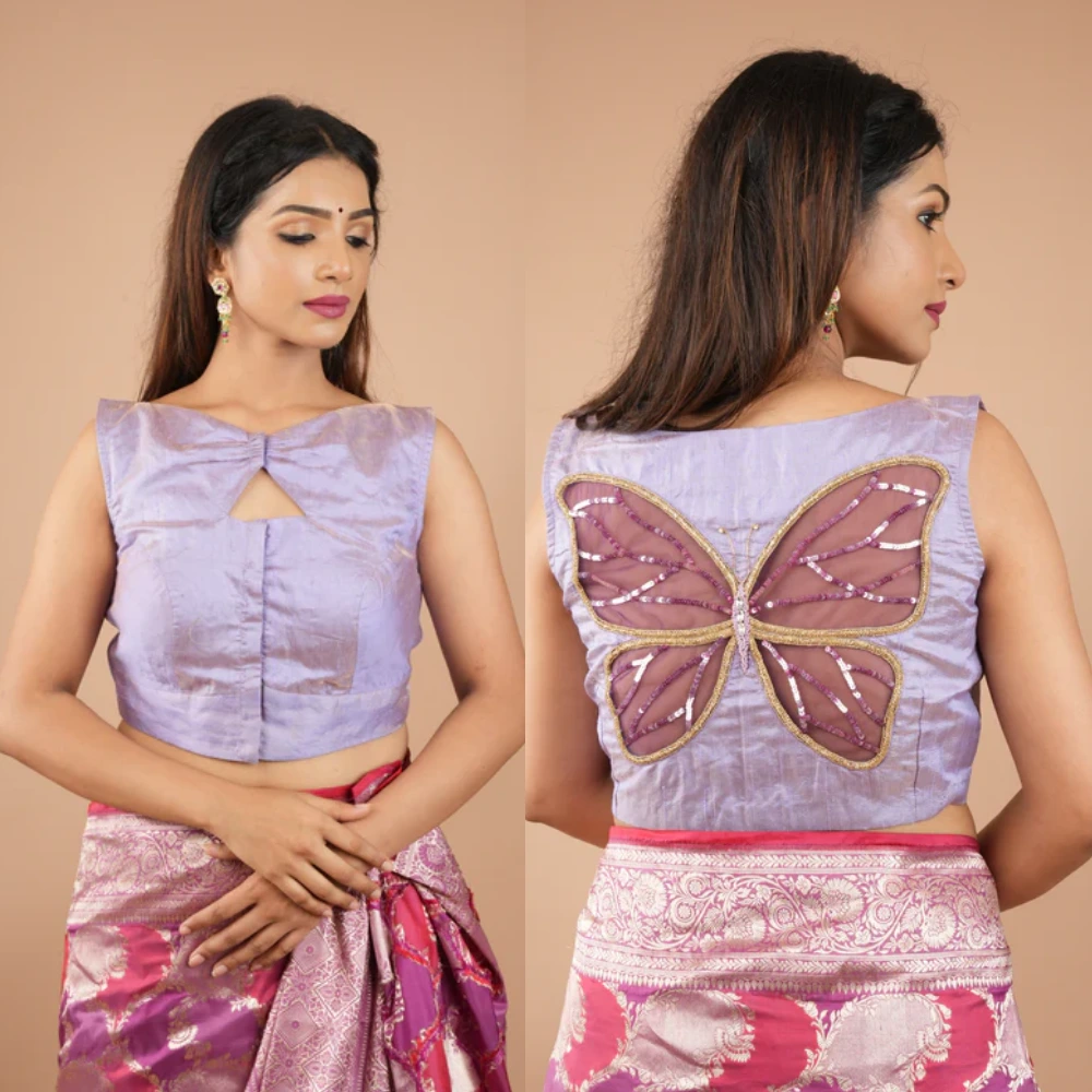 Lavender Raw Silk Designer Butterfly Back Blouse with Stone Work
