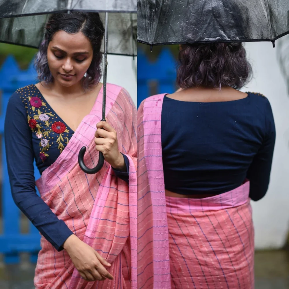 Blue Cotton Slub Hand Embroidered Butterfly Designer Blouse
