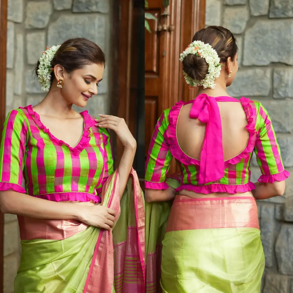 Luxury Green Pink Checkered Raw Silk V-Neck Chiffon Frill Blouse