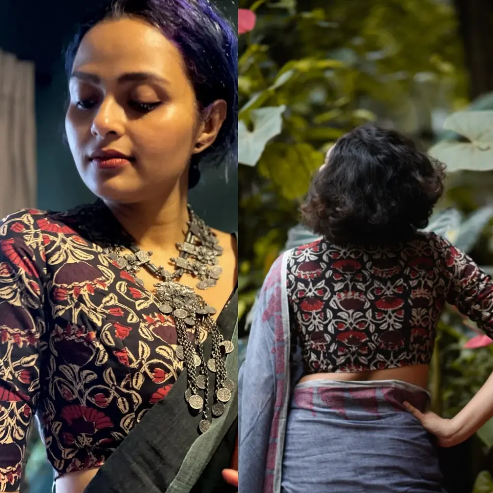 Premium Black Floral Cotton Elbow Sleeve Breathable Blouse