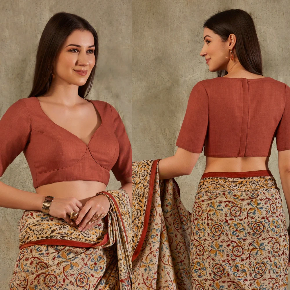 Premium Orange Linen Cotton Sweetheart Neck Readymade Blouse