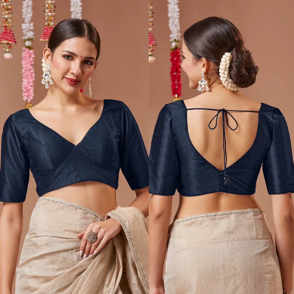 Luxury Navy Blue Mulberry Silk Plunging V-Neck Designer Blouse