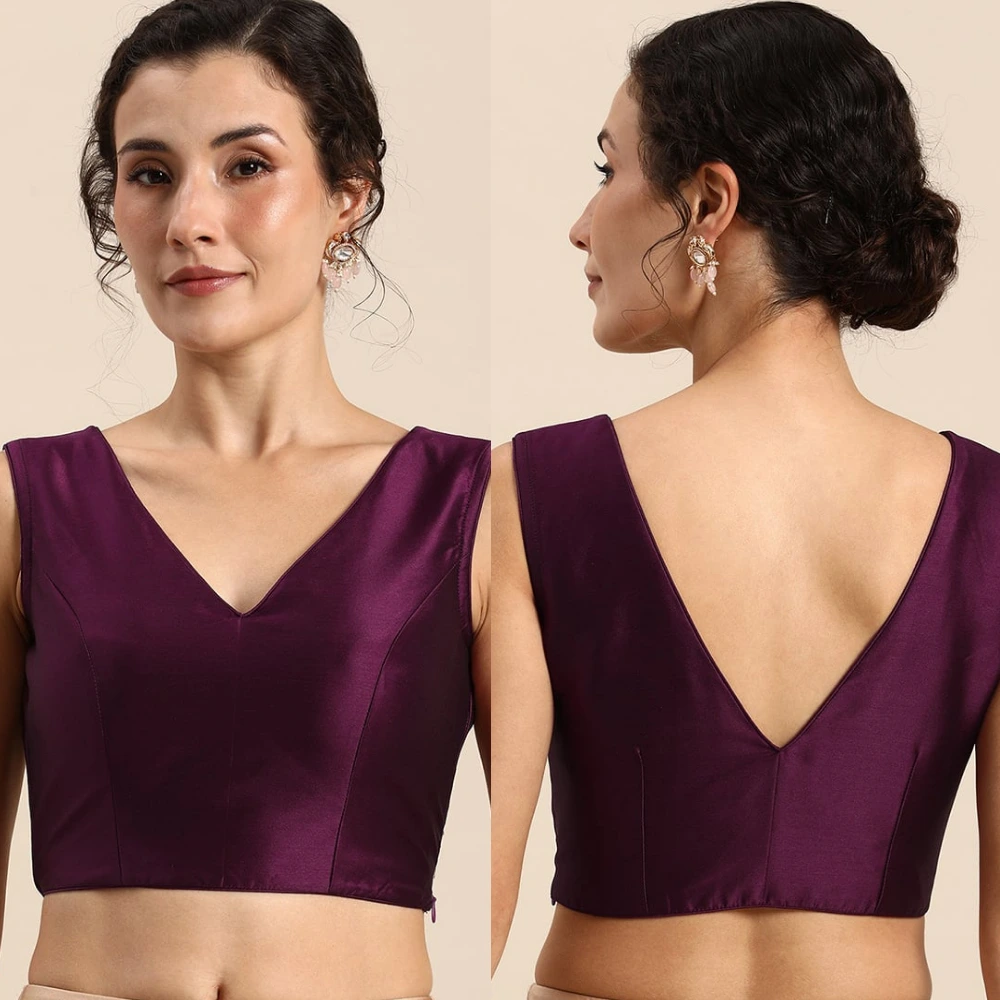 Elegant Dark Purple Taffeta Sleeveless Work Wear V-Neck Blouse