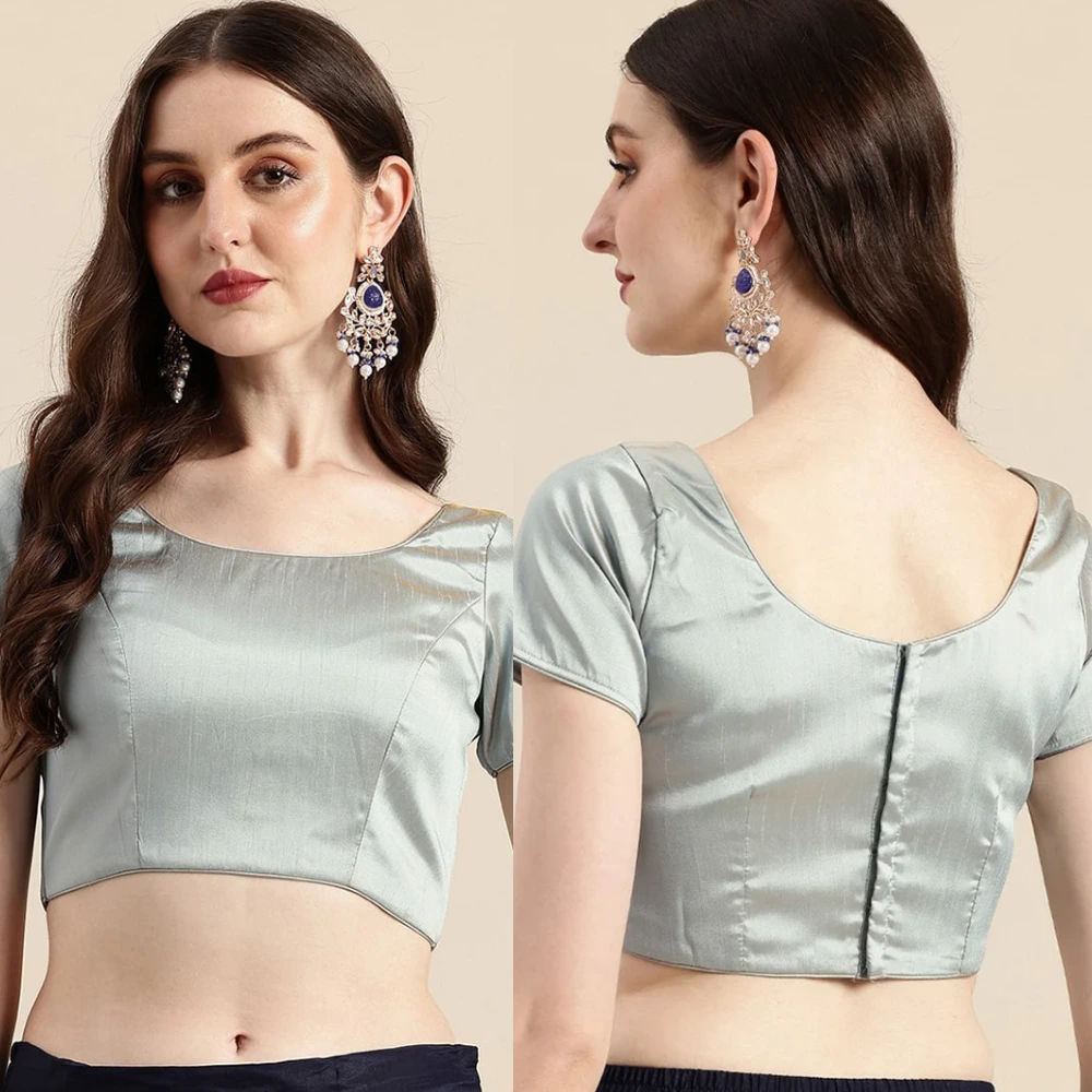 Professional Grey Art Silk Round Neck Short Sleeve Work Blouse