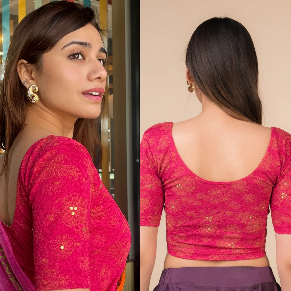 Luxury Taara Gold Floral Foil Embellished Stone Work Stretchable Blouse