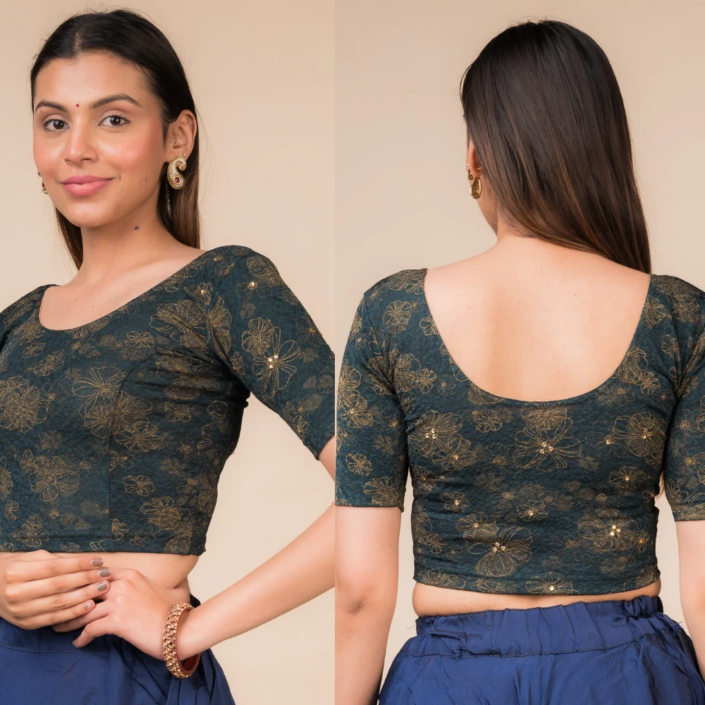 Luxury Taara Gold Floral Foil Embellished Stone Work Stretchable Blouse