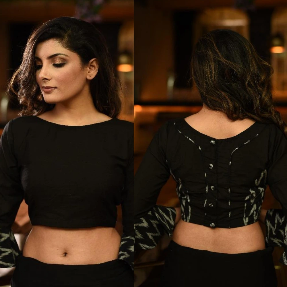 Luxury Black Cotton Silk Ikat Peplum Sleeve Designer Blouse