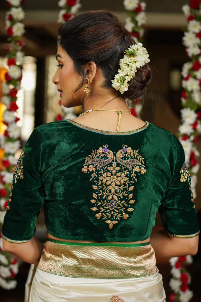 Bottle Green Velvet Blouse with Zardozi Work
