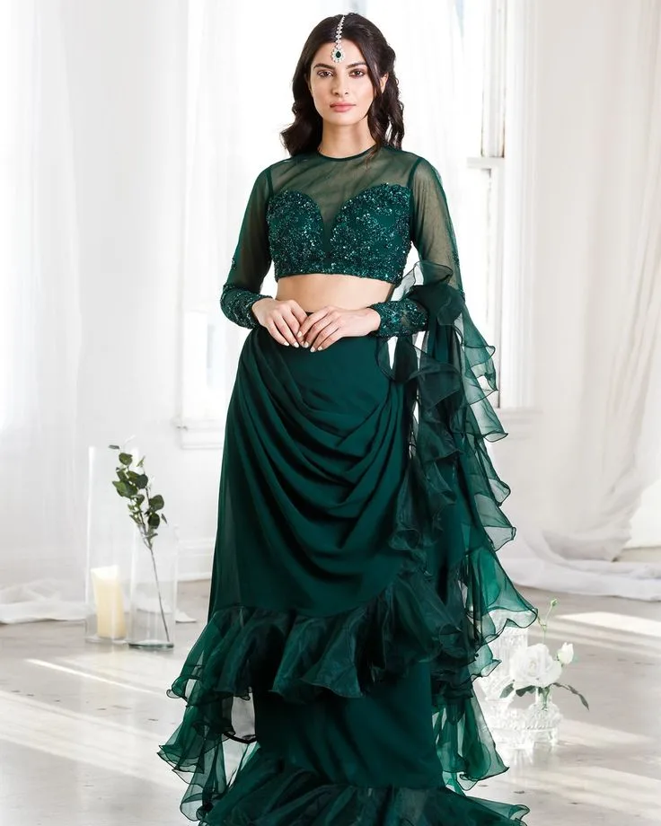 Dark Green Full-Sleeve Blouse with Net Details