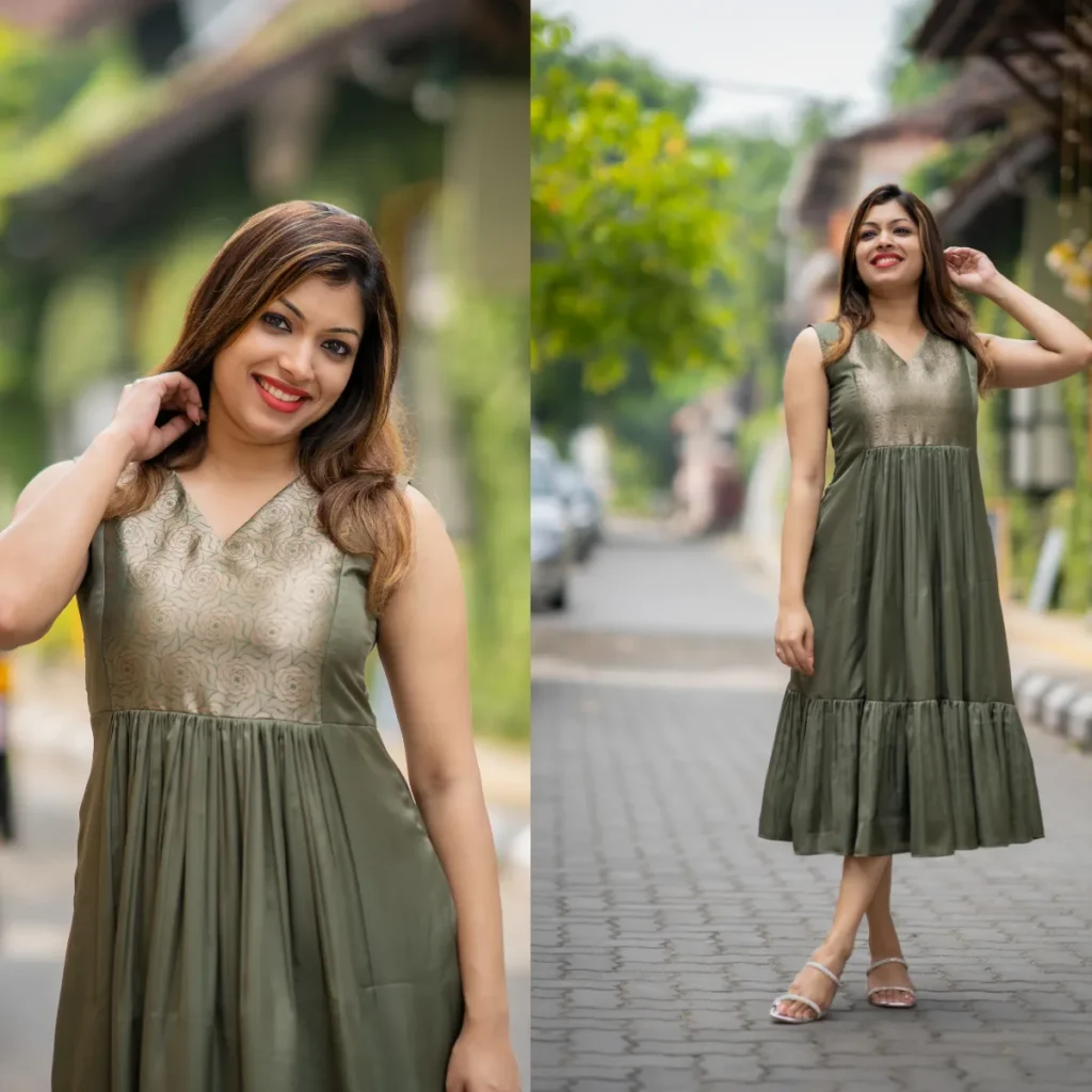 Olive Green Semi Modal Silk Kurti with Brocade Yoke