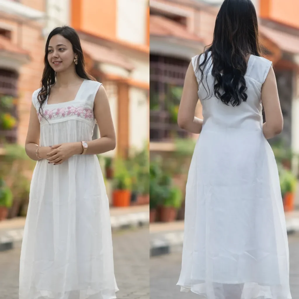 White Viscose Organza A-Line Kurti with Heavy Hand-Worked Yoke